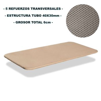 Base Tapizada 90x180 Cm, 5 Refuerzos Transversales, Tubo 40x30 Mm, Tejido 3d Transpirable, 6cm Grosor. Color Beige. Sin Patas