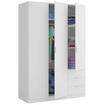 Armario Dormitorio Color Blanco 3 Puertas 3 Cajones Con Estantes Y Barra 121x52x180 Cm