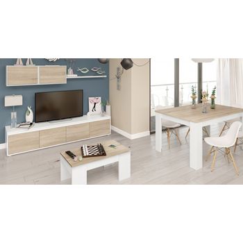 Pack Muebles Salón Comedor Completo Color Blanco Y Roble Estilo Nórdico (mueble Salón + Mesa Comedor + Mesa Centro)