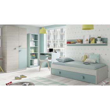 Pack Muebles Dormitorio Juvenil Completo Color Verde Y Blanco Con Somier 90x190 (cama, Estante, Armario, Estantería Y Escritorio)