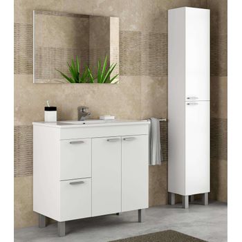 Pack Mobiliario Baño Mueble Con Lavamanos Cerámico Y Columna Color Blanco Brillo