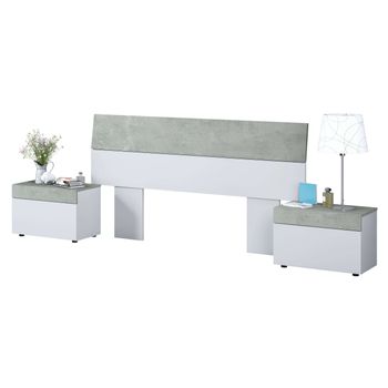 Cabezal Y 2 Mesitas Plutón Moderno Color Blanco Y Cemento Para Camas 150 O 135 Cm