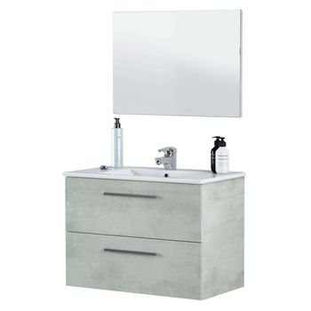 Mueble Baño Y Espejo Plutón 2 Cajones Moderno Color Cemento 80x45x57cm Con Lavabo Cerámico