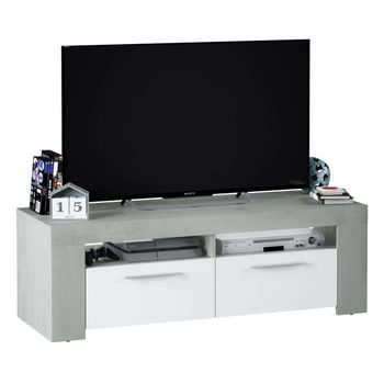 Mueble Tv Plutón Mesa Diseño Moderno Color Blanco Y Cemento 2 Puertas 120x42x40 Cm