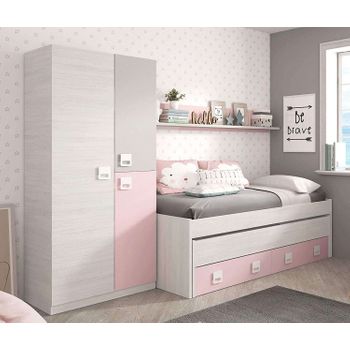 Pack Dormitorio Infantil Juvenil Cama Nido Con Estante Y Armario Color Rosa Y Blanco Sin Somieres