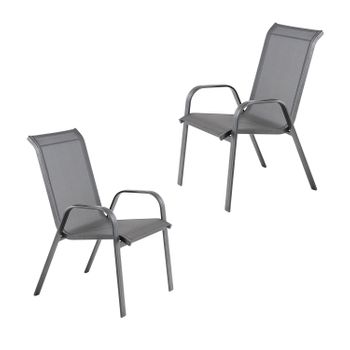 Pack De 2 Sillones Para Exterior Apilables | Aluminio Reforzado Color Antracita | Textilene Color Plata Y Negro  | Tamaño: 57x74x96,5 Cm