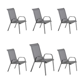 Pack 6 Sillones Para Exterior Apilables | Aluminio Reforzado Color Antracita | Textilene Color Plata Y Negro  | Tamaño: 57x74x96,5 Cm