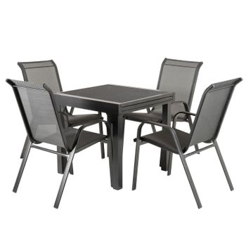 Conjunto Para Jardín Mesa Extensible 80 A 160 Y 4 Sillones Apilables Respaldo 96 Cm, Aluminio Color Antracita Y Cristal Gran Grosor Color Piedra, 4 Plazas, Juego De Comedor Para Terraza