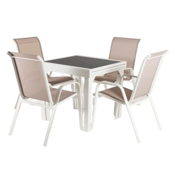 Conjunto Exterior Color Blanco, Mesa Extensible 80 A 160 Y 4 Sillones Apilables, Aluminio Reforzado, Textilene Liso Gris, 4 Plazas, Juego De Sillas Y Mesa Para Jardín, Comedor De Terraza O Patio