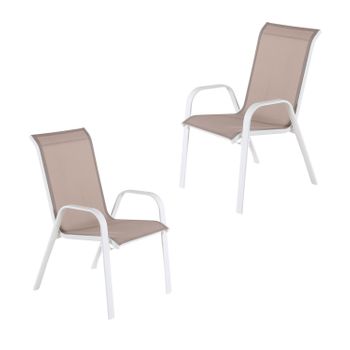 Pack 2 Sillones De Terraza Apilable, Tamaño: 57x74x96,5 Cm, Aluminio Reforzado Color Blanco Y Textilene Liso De Color Gris