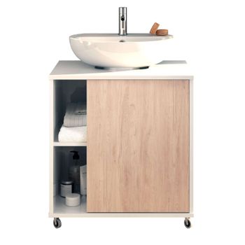 Mueble Baño Lavabo Pedestal Saina Lavamanos Pie Blanco Brillo Y Roble 1 Puerta 59x45