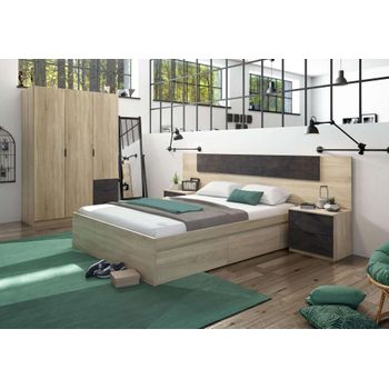 Pack Muebles Dormitorio Andy Armario Cabezal 2 Mesitas 2 Cajones Estilo Industrial Habitación Óxido Cama 150x190