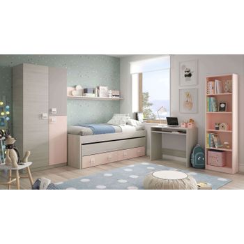 Pack Habitación Juvenil Infantil Rosa Gris Blanco Alpes Completo (cama Nido+estante+armario+escritorio+estantería) Con Somieres