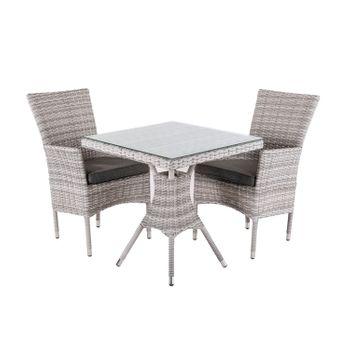 Conjunto Muebles Jardín | Mesa Cuadrada 70 Cm Y 2 Sillones Apilables | Aluminio Y Ratán Sintético Plano Color Gris | Cristal Templado 5 Mm