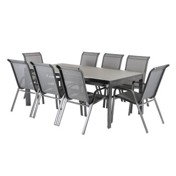 Conjunto Muebles Exterior | Mesa Extensible 200/300 Y 8 Sillones Apilables | Aluminio Color Antracita Y Cristal Color Taupé |