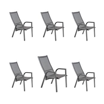 Pack De 6 Sillones De Terraza | Apilable | Reclinable Con Sistema Hidráulico | Aluminio Color Antracita Y Textilene Plata Y Negro |