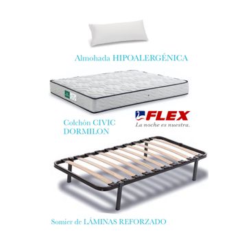 Pack Colchón Dormilón Civic + Somier de Láminas Dormilón con patas +  Almohada hipoalergénica Líder Flex