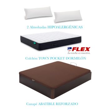 Pack Colchon Flex Dormilon Town Pocket 135x190 +  Canape Abatible Reforzado Wenge + 2 Almohadas Hipoalergenicas