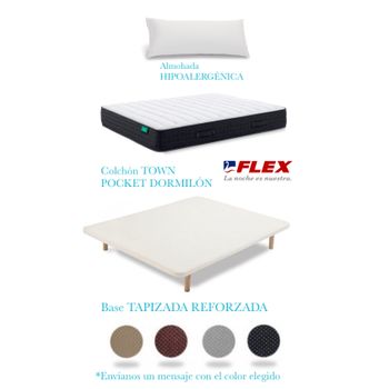 Pack Colchon Flex Dormilon Town Pocket 80x182 + Base Tapizada Reforzada + Almohada Hipoalergenica