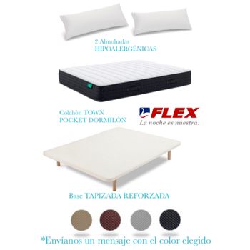 Pack Colchon Flex Dormilon Town Pocket 135x190 + Base Tapizada Reforzada + 2 Almohadas Hipoalergenicas