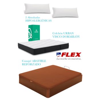 Pack Colchon Flex Dormilon Urban Visco 135x190 +  Canape Abatible Reforzado Cerezo + 2 Almohadas Hipoalergenicas