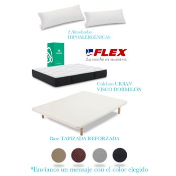 Pack Colchon Flex Dormilon Urban Visco 135x190 + Base Tapizada Reforzada + 2 Almohadas Hipoalergenicas