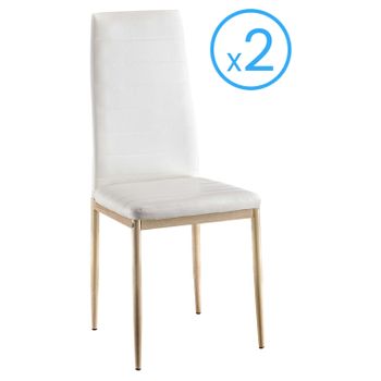 Pack 2 Sillas Comedor Blanco Polipiel Estructura Metalica Efecto Madera Estilo Moderno 98x42x48 Cm