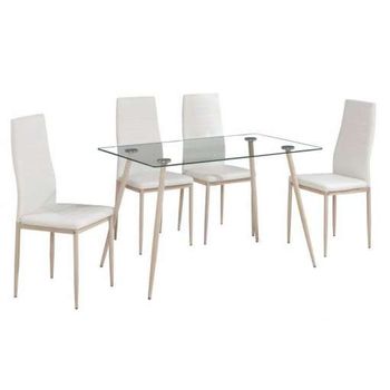 Pack Mesa Cristal + 4 Sillas Color Blanco Comedor Salón Cocina Estilo Moderno Patas Metal Efecto Madera