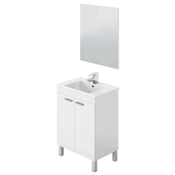 Mueble De Baño Y Espejo 2 Puertas Color Blanco Brillo Estilo Moderno 60x45 Cm Lavabo Cerámico Incluido