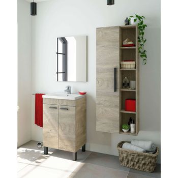 Pack De Baño Aseo Color Roble Alaska Con Mueble, Espejo, Lavabo Y Columna Industrial Lavabo Incluido