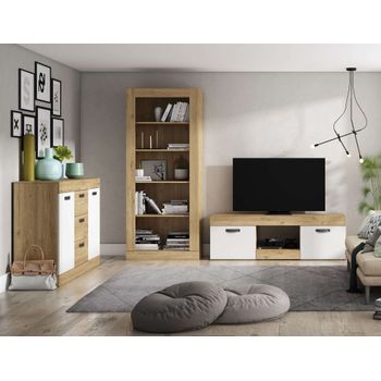 Muebles Salón Estilo Moderno Argos Color Blanco Mate Y Naturale (mesa Tv + Aparador + Estantería)