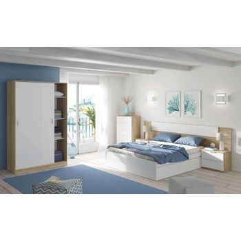 Pack Dormitorio Completo Alaya Color Blanco Y Roble Para Camas 150 Cm (cama+cabecero+2 Mesitas+armario+sinfonier)