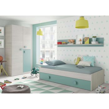 Muebles Dormitorio Juvenil Cama Nido Estante Y Armario Ropero Verde Y Blanco 90x190 Cm Sin Somier