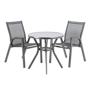 Conjunto Para Terraza, Mesa Redonda De 72 Cm De Diámetro Y 2 Sillones De Aluminio Color Antracita.