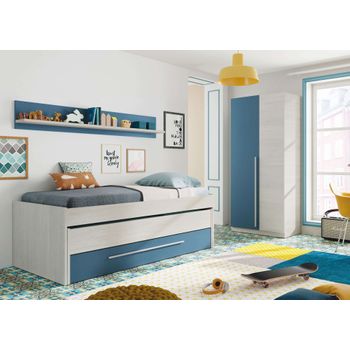 Pack Dormitorio Juvenil Infantil Color Azul Y Blanco (cama Nido + Armario + Estantería) Somieres Incluidos