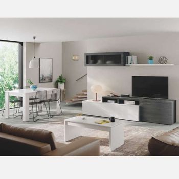 Pack Muebles Salón Lexus Completo Color Blanco Y Ceniza Estilo Moderno (mueble Modular + Mesa De Centro + Mesa Comedor)