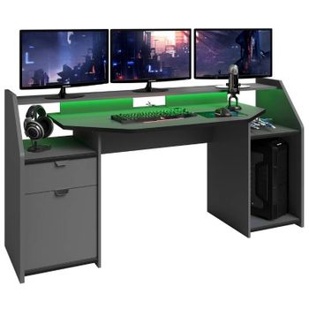 Mesa Gaming Grande 180 Cm Set-up Color Gris 1 Cajón 1 Armario Con Led Gamer Escritorio Ordenador 98x180x67 Cm