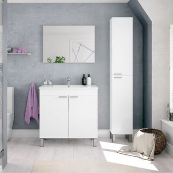 Pack Muebles De Baño Color Blanco Brillo Estilo Moderno (mueble Baño + Espejo + Columna + Lavabo Cerámico)