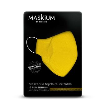 Mascarilla Tejida Reutilizable Con Filtro Desechable, Maskium L-50 De Color Amarillo Talla S