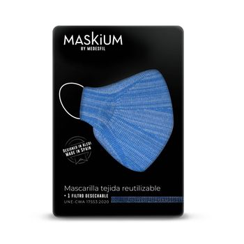 Mascarilla Tejida Reutilizable Con Filtro Desechable, Maskium R-3 De Color Azul Y Blanco Talla L