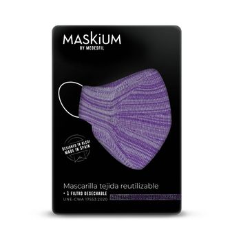 Mascarilla Tejida Reutilizable Con Filtro Desechable, Maskium R-5 De Color Morado Y Blanco Talla L