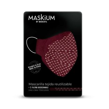 Mascarilla Tejida Reutilizable Con Filtro Desechable, Maskium I-34 De Color Granate Con Puntos Talla L