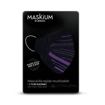 Mascarilla Tejida Reutilizable Con Filtro Desechable, Maskium I-19 De Color Negra Y Morada Talla M