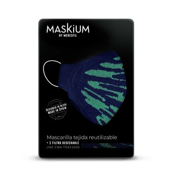 Mascarilla Tejida Reutilizable Con Filtro Desechable, Maskium I-31 De Color Azul Con Rayas Verdes Talla M