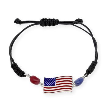 Pulsera Macramé Con Bandera De Estados Unidos En Plata De Ley 925 Con Zafiros Y Rubíes