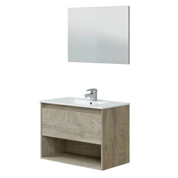 Mueble De Baño Van 80 Cm Suspendido Con Un Cajón, Un Hueco Y Espejo En Roble Alaska Lavabo Cerámico Incluido