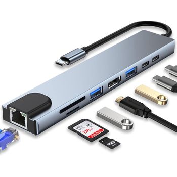 Hub Usb Tipo C 8 En 1 Adaptador Usb 3.0 De Alta Velocidad 4k, Rj45 Sd/tf Pd -karawan