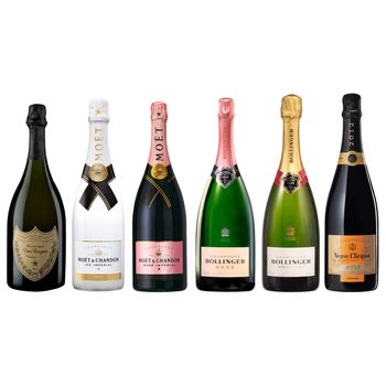 Pack Champagnes Moët & Chandon Brut Imperial, Bollinger Special Cuvée Brut, Veuve Clicquot Brut Vintage, Moët & Chandon Ice Imperial, Bollinger Rosé, Dom Pérignon Vintage, 75cl, 12%.