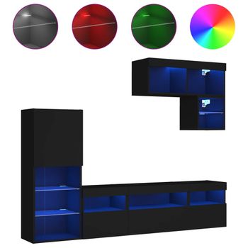 Muebles De Tv De Pared Con Led 6 Piezas Madera Ingeniería Negro