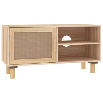 Mueble Para Tv Madera Maciza Pino Y Ratán Natural 80x30x40 Cm